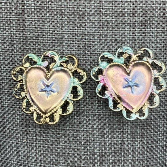 Jennifer Ashley Clip On Earrings Iridescent Heart Star Scalloped Retro Vintage - Picture 1 of 6